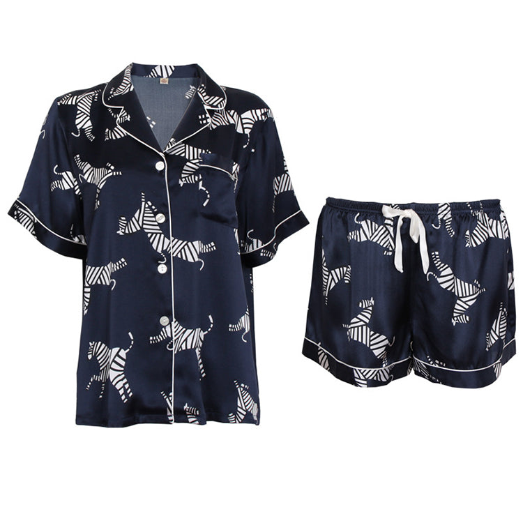 16Momme Pure Mulberry Silk Short Sleeves Notch Collar Printing Pajamas Set [SKPA0031]