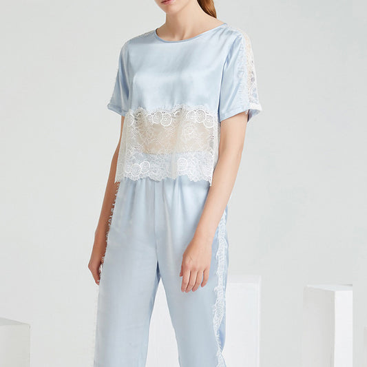 19Momme Pure Mulberry Silk Short Sleeves Round Collar Lace Pajamas Set [SKPA0010]