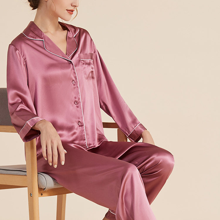 19Momme Pure Mulberry Silk Long Sleeves Notch Collar Pajamas Set [SKPA0013]