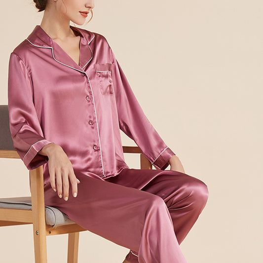 19Momme Pure Mulberry Silk Long Sleeves Notch Collar Pajamas Set [SKPA0013]