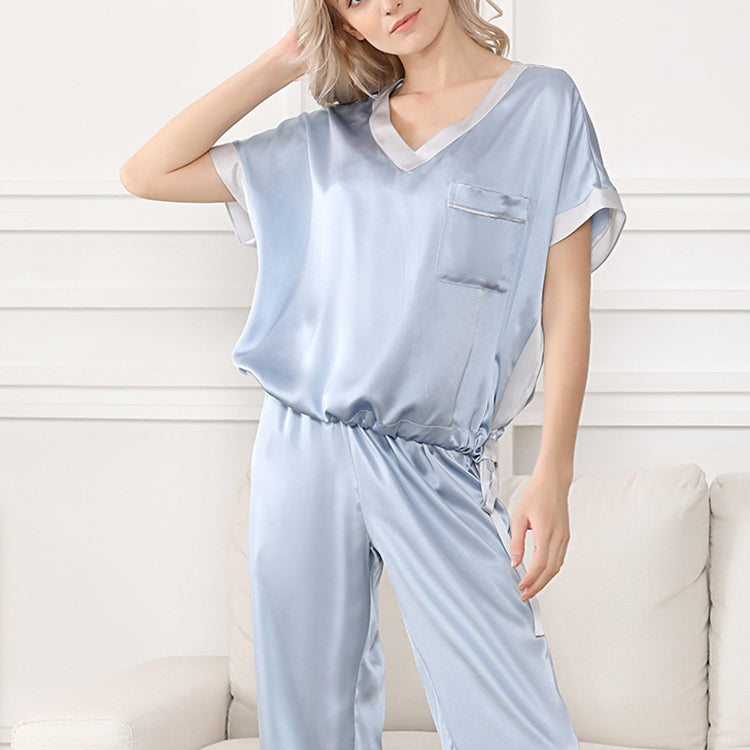 19Momme Pure Mulberry Silk Short Sleeves V Collar Pajamas Set [SKPA0061]