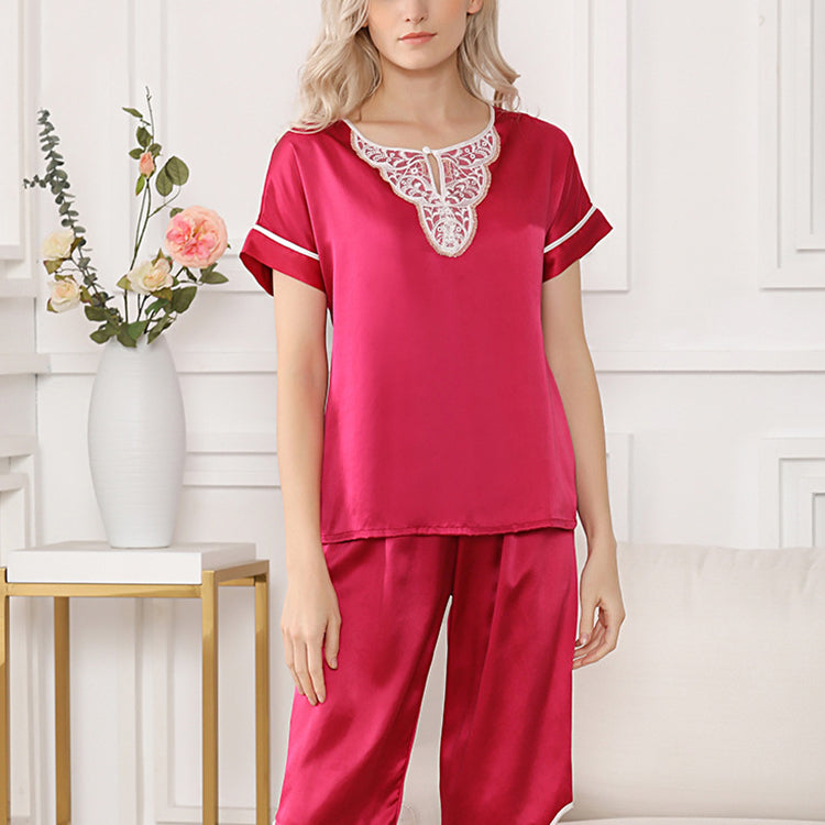 Pure Mulberry Silk Short Sleeves Round Collar Lace Pajamas Set [SKPA0051]