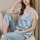 30Momme Pure Mulberry Silk Short Sleeves Round Collar Lace Pajamas Set [SKPA0049]