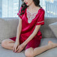Pure Mulberry Silk Short Sleeves Round Collar Lace Pajamas Set [SKPA0005]