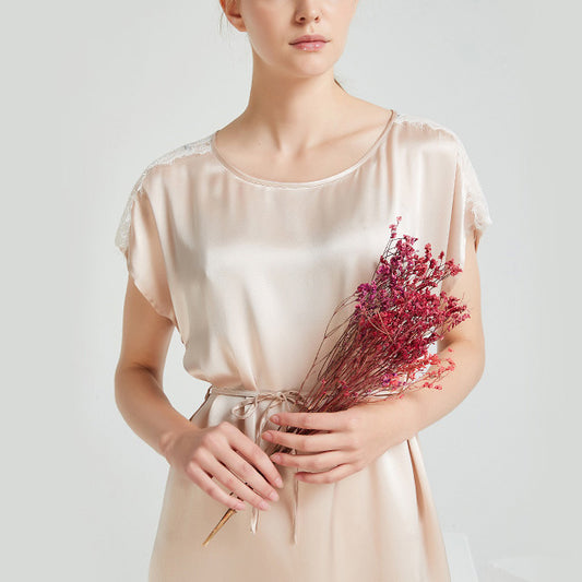 19Momme Pure Mulberry Silk Elegant Mini Belted Sleepshirt [SKSH0008]