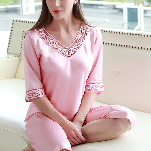 19Momme Pure Mulberry Silk Half Sleeves V Collar Lace Pajamas Set [SKPA0020]