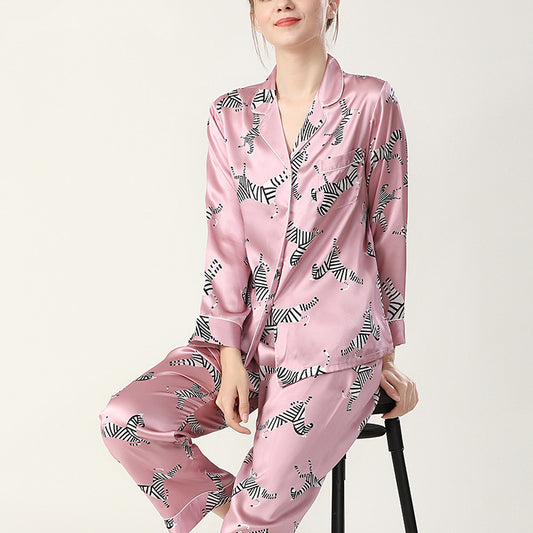 19Momme Pure Mulberry Silk Long Sleeves Notch Collar Printing Pajamas Set [SKPA0030]