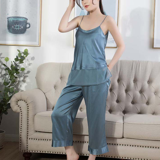 19Momme Pure Mulberry Silk Strap V Collar Pajamas Set [SKPA0023]