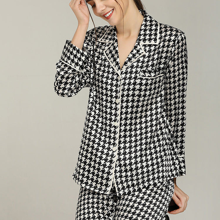 Pure Mulberry Silk Long Sleeves Notch Collar Printing Pajamas Set [SKPA0055]
