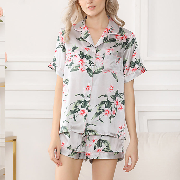 Pure Mulberry Silk Short Sleeves Notch Collar Printing Pajamas Set [SKPA0060]