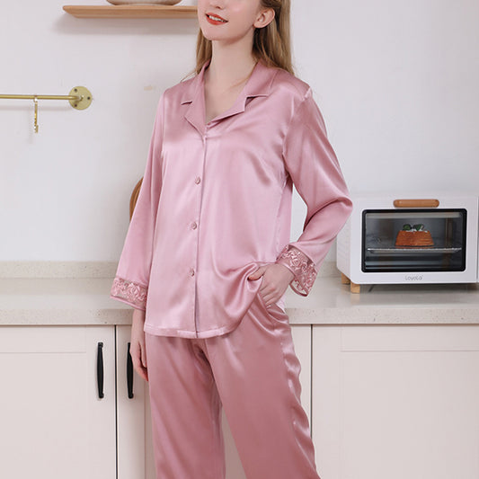 19Momme Pure Mulberry Silk Long Sleeves Notch Collar Lace Pajamas Set [SKPA0022]