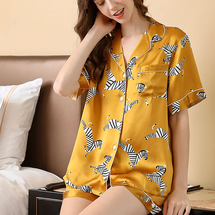 16Momme Pure Mulberry Silk Short Sleeves Notch Collar Printing Pajamas Set [SKPA0031]