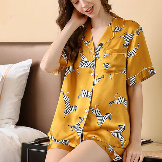 16Momme Pure Mulberry Silk Short Sleeves Notch Collar Printing Pajamas Set [SKPA0031]