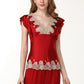 Pure Mulberry Silk Short Sleeves Round Collar Lace Pajamas Set [SKPA0054]
