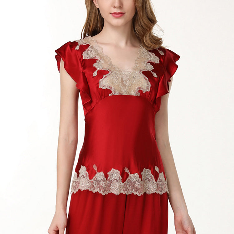 Pure Mulberry Silk Short Sleeves Round Collar Lace Pajamas Set [SKPA0054]
