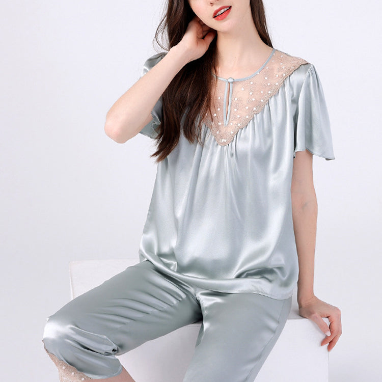 25Momme Pure Mulberry Silk Short Sleeves Round Collar Lace Pajamas Set [SKPA0058]