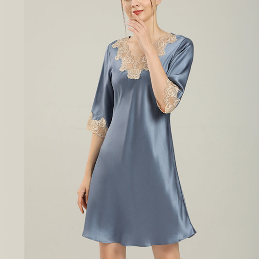 16Momme Pure Mulberry Silk Elegant Above Knee Lace Sleepshirt [SKSH0057]