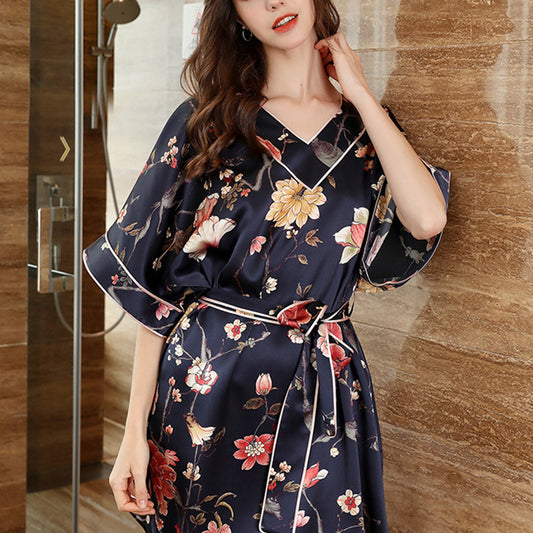 19Momme Pure Mulberry Silk Sweet Above Knee Printing Sleepshirt [SKSH0047]