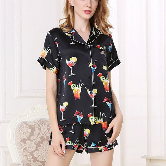 16Momme Pure Mulberry Silk Short Sleeves Notch Collar Printing Pajamas Set [SKPA0040]