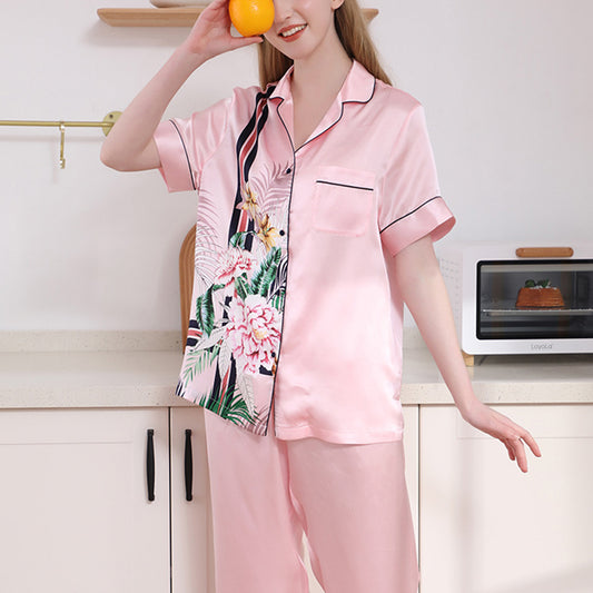 16Momme Pure Mulberry Silk Short Sleeves Notch Collar Printing Pajamas Set [SKPA0017]