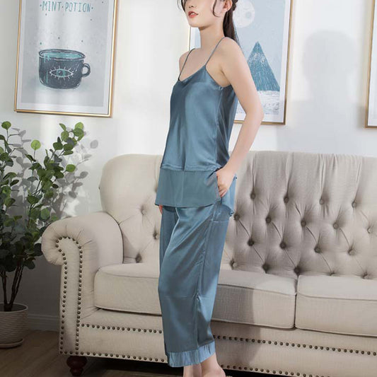 19Momme Pure Mulberry Silk Strap V Collar Pajamas Set [SKPA0023]
