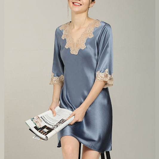 16Momme Pure Mulberry Silk Elegant Above Knee Lace Sleepshirt [SKSH0057]