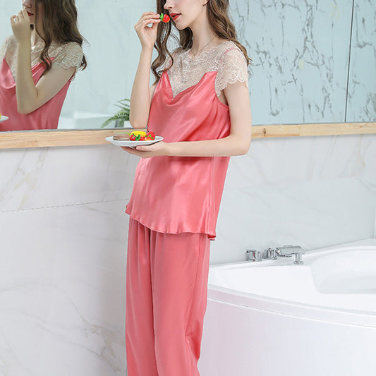 19Momme Pure Mulberry Silk Short Sleeves Round Collar Lace Pajamas Set [SKPA0015]