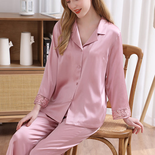 19Momme Pure Mulberry Silk Long Sleeves Notch Collar Lace Pajamas Set [SKPA0022]