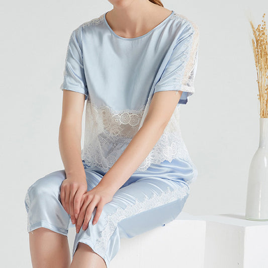 19Momme Pure Mulberry Silk Short Sleeves Round Collar Lace Pajamas Set [SKPA0010]