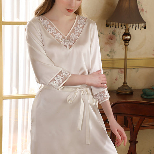 19Momme Pure Mulberry Silk Elegant Above Knee Lace Sleepshirt [SKSH0014]