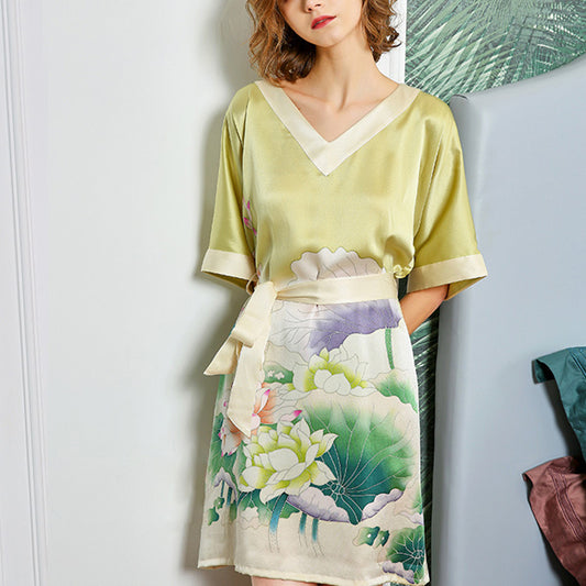 16Momme Pure Mulberry Silk Elegant Above Knee Printing Sleepshirt [SKSH0056]