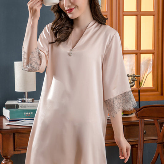 19Momme Pure Mulberry Silk Sexy Above Knee Lace Sleepshirt [SKSH0017]
