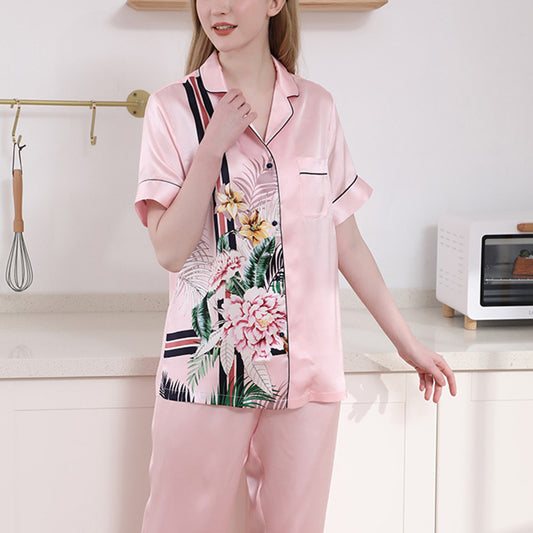 16Momme Pure Mulberry Silk Short Sleeves Notch Collar Printing Pajamas Set [SKPA0017]