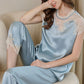 30Momme Pure Mulberry Silk Short Sleeves Round Collar Lace Pajamas Set [SKPA0049]
