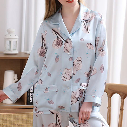 19Momme Pure Mulberry Silk Long Sleeves Notch Collar Printing Pajamas Set [SKPA0002]