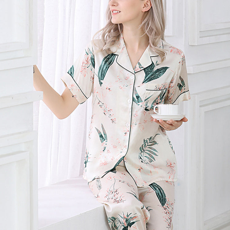 Pure Mulberry Silk Short Sleeves Notch Collar Pajamas Set [SKPA0045]