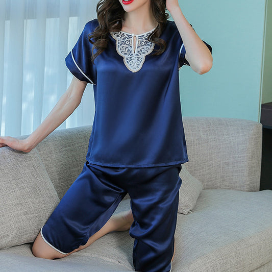 Pure Mulberry Silk Short Sleeves Round Collar Lace Pajamas Set [SKPA0005]