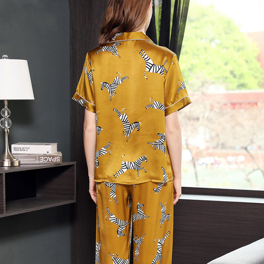 16Momme Pure Mulberry Silk Short Sleeves Notch Collar Printing Pajamas Set [SKPA0032]