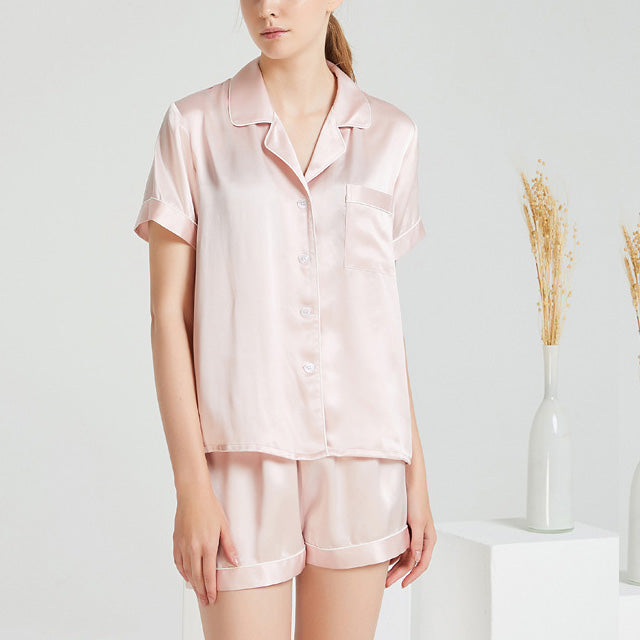 19Momme Pure Mulberry Silk Short Sleeves Notch Collar Pajamas Set [SKPA0009]