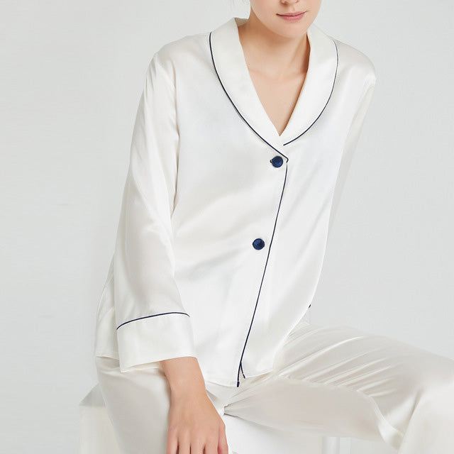19Momme Pure Mulberry Silk Long Sleeves Notch Collar Pajamas Set [SKPA0006]