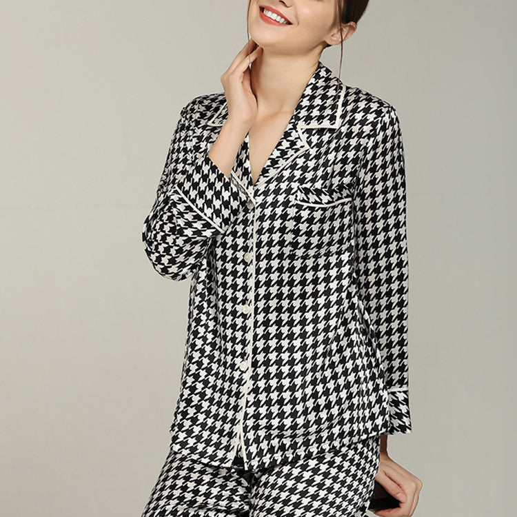 Pure Mulberry Silk Long Sleeves Notch Collar Printing Pajamas Set [SKPA0055]