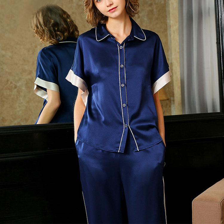 Pure Mulberry Silk Short Sleeves Notch Collar Pajamas Set [SKPA0057]