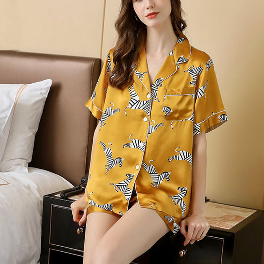 16Momme Pure Mulberry Silk Short Sleeves Notch Collar Printing Pajamas Set [SKPA0031]