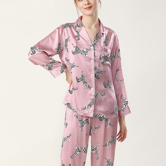 19Momme Pure Mulberry Silk Long Sleeves Notch Collar Printing Pajamas Set [SKPA0030]