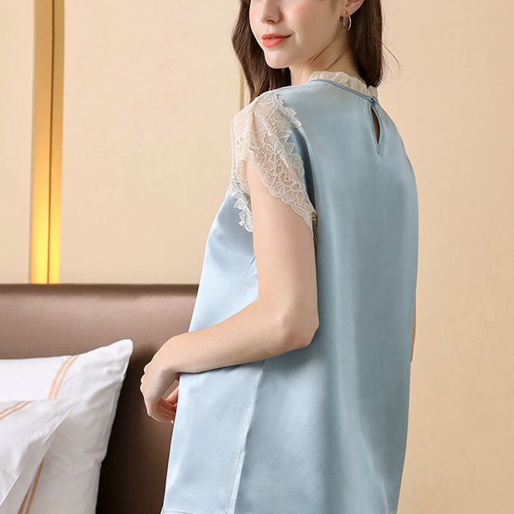 30Momme Pure Mulberry Silk Short Sleeves Round Collar Lace Pajamas Set [SKPA0049]