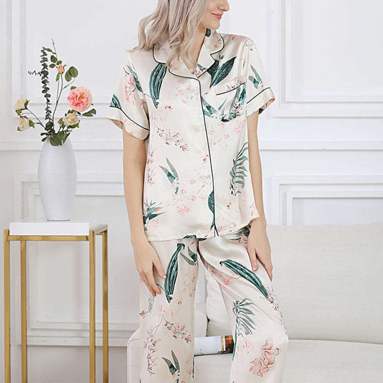 Pure Mulberry Silk Short Sleeves Notch Collar Pajamas Set [SKPA0045]