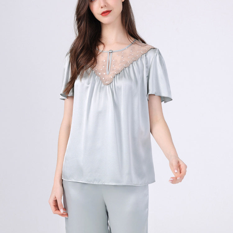 25Momme Pure Mulberry Silk Short Sleeves Round Collar Lace Pajamas Set [SKPA0058]