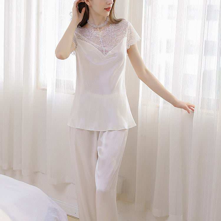 19Momme Pure Mulberry Silk Short Sleeves Round Collar Lace Pajamas Set [SKPA0015]