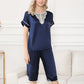 Pure Mulberry Silk Short Sleeves Round Collar Lace Pajamas Set [SKPA0051]