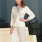 19Momme Pure Mulberry Silk Long Sleeves V Collar Lace Pajamas Set [SKPA0026]